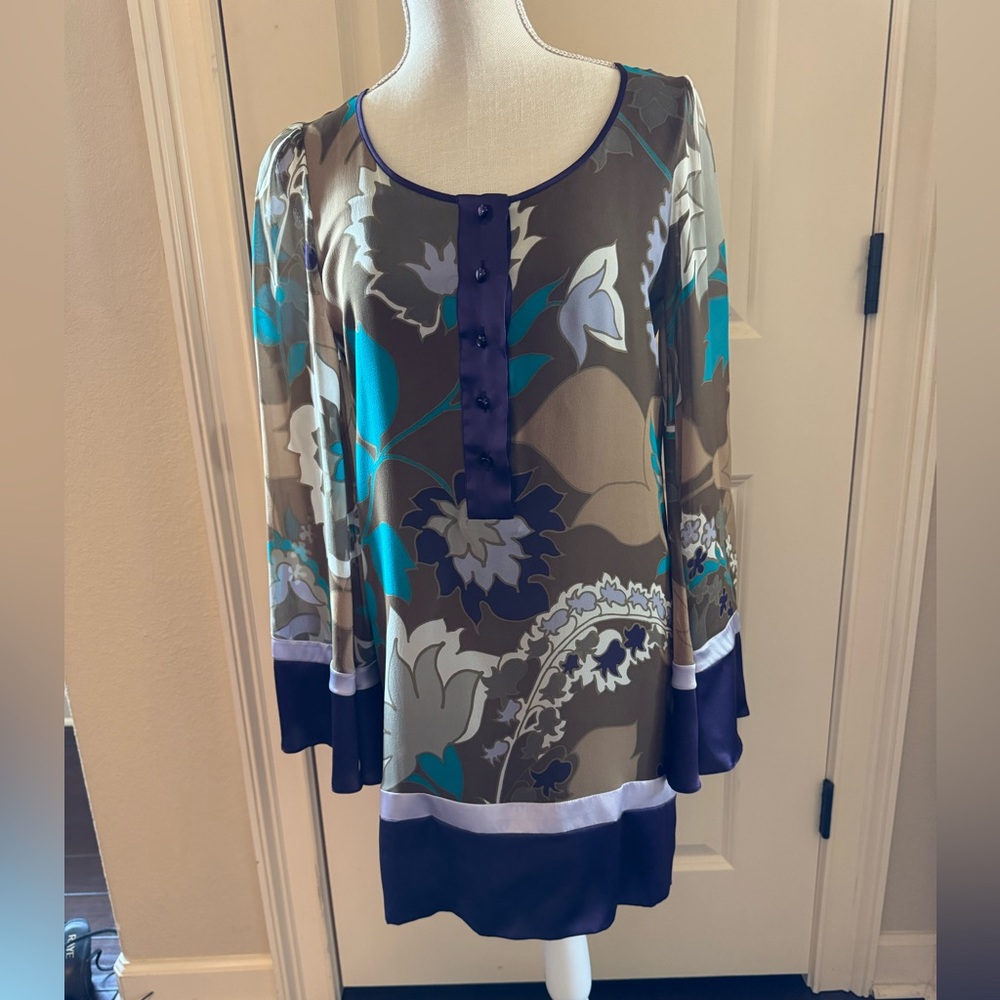 Escada Long Sleeve dress or blouse  with Teal and Brown Floral Design.